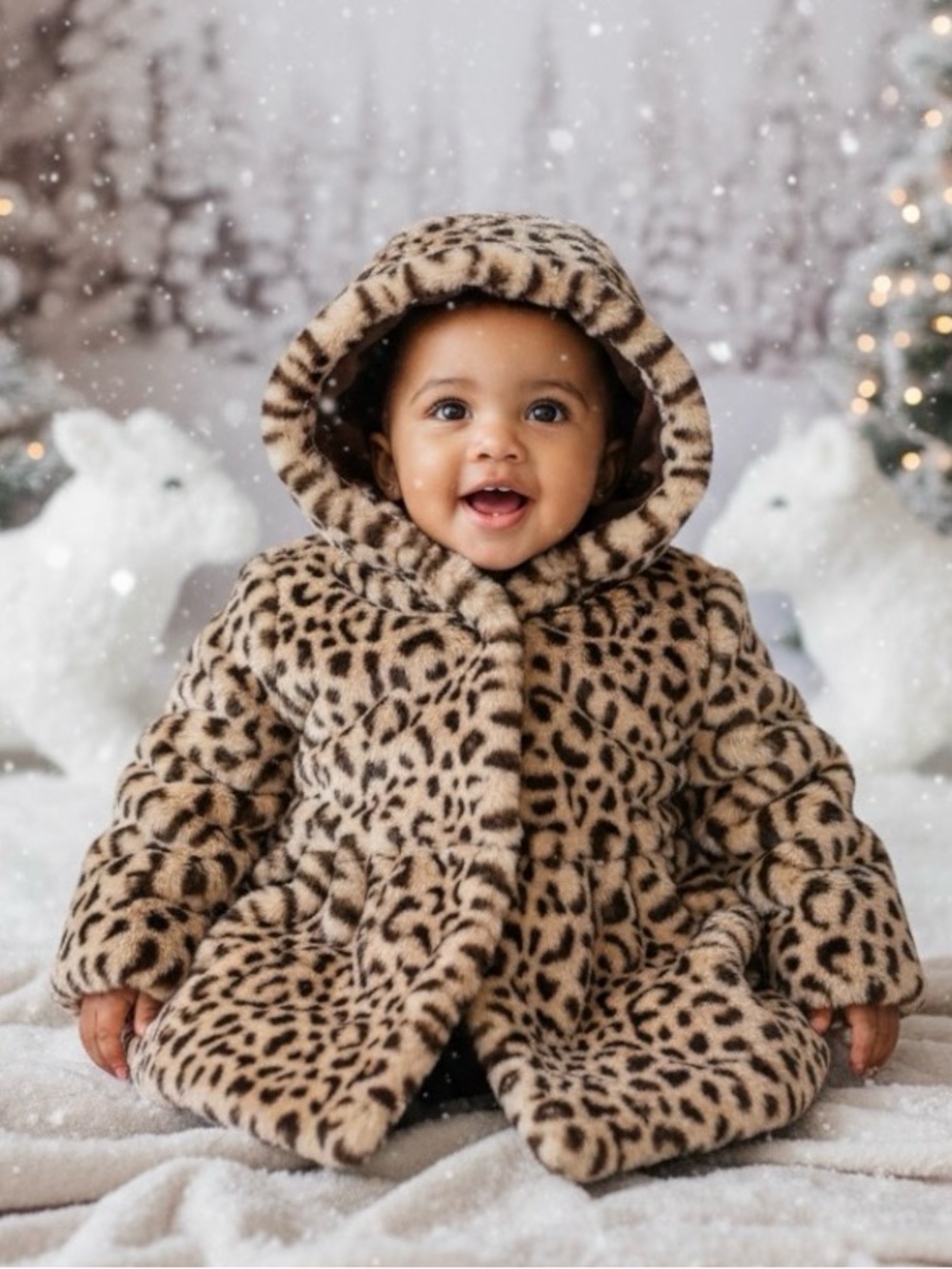 First Impressions Leopard Print Faux Fur Hooded Coat - Brown and Tan